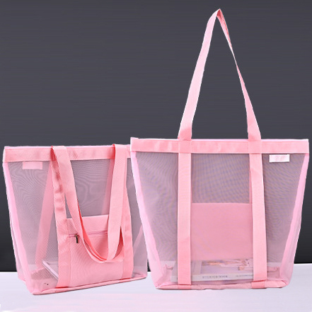Two views of a mesh shopping bag showing handle, top binding, pocket and gusset layout