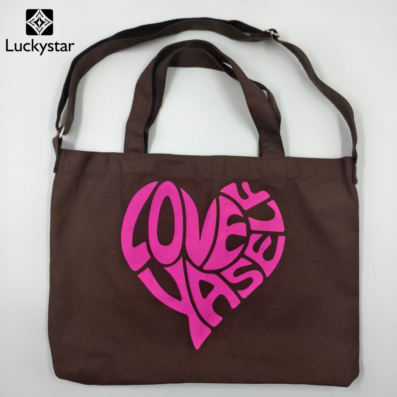 Échantillon de sac de courses en tissu personnalisé LUCKYSTAR montrant les possibilités de poignée et d'impression