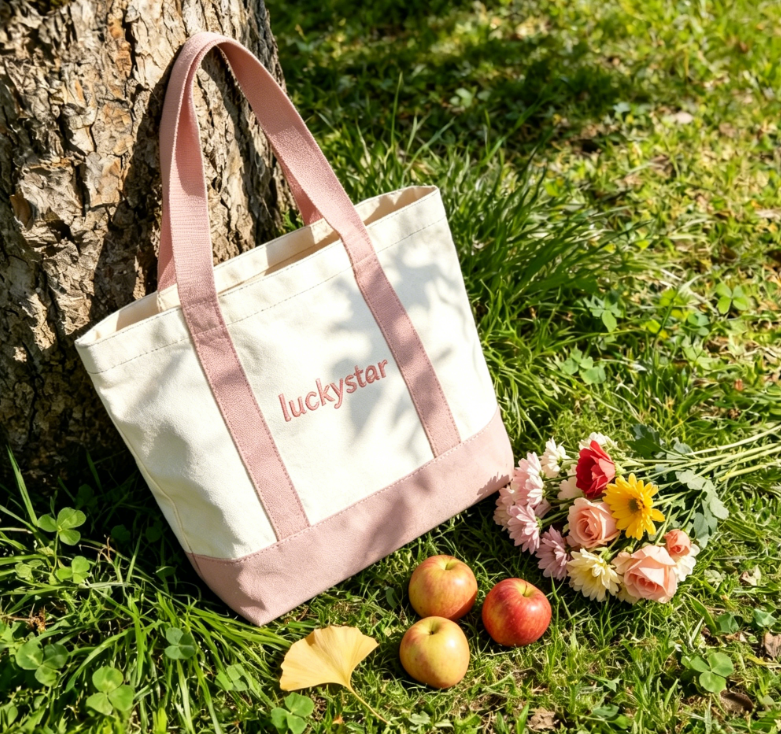 Sac cabas crème LUCKYSTAR avec anses roses