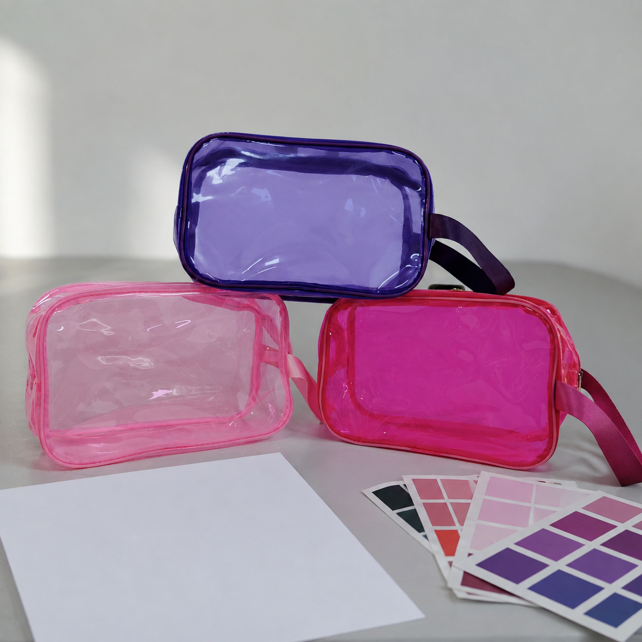 Trousses de maquillage transparentes sur une table de revue de travaux artistiques