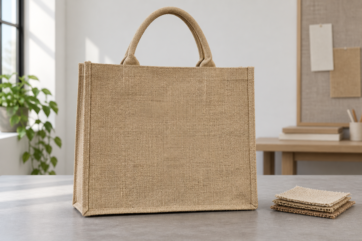 Sac cabas en jute sans marque sur une table d'évaluation