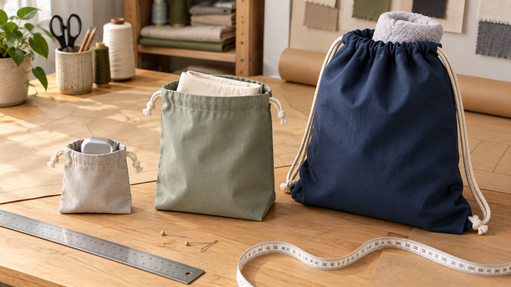 Small medium and large drawstring bag sizes