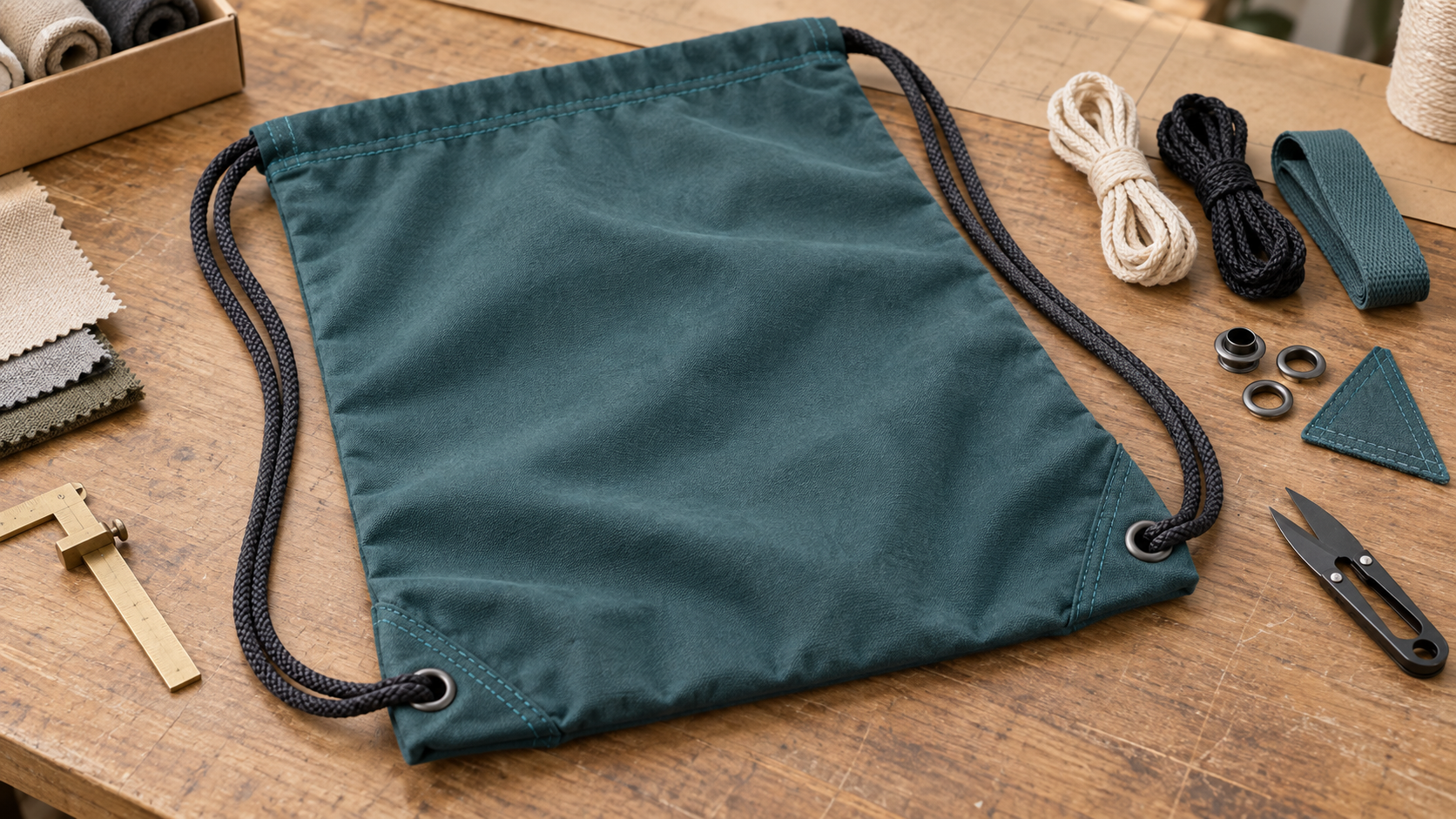 Drawstring cord eyelets and reinforced corners