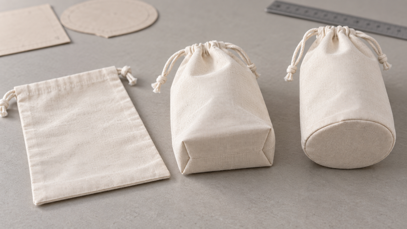 Flat box-bottom and round-base drawstring pouches
