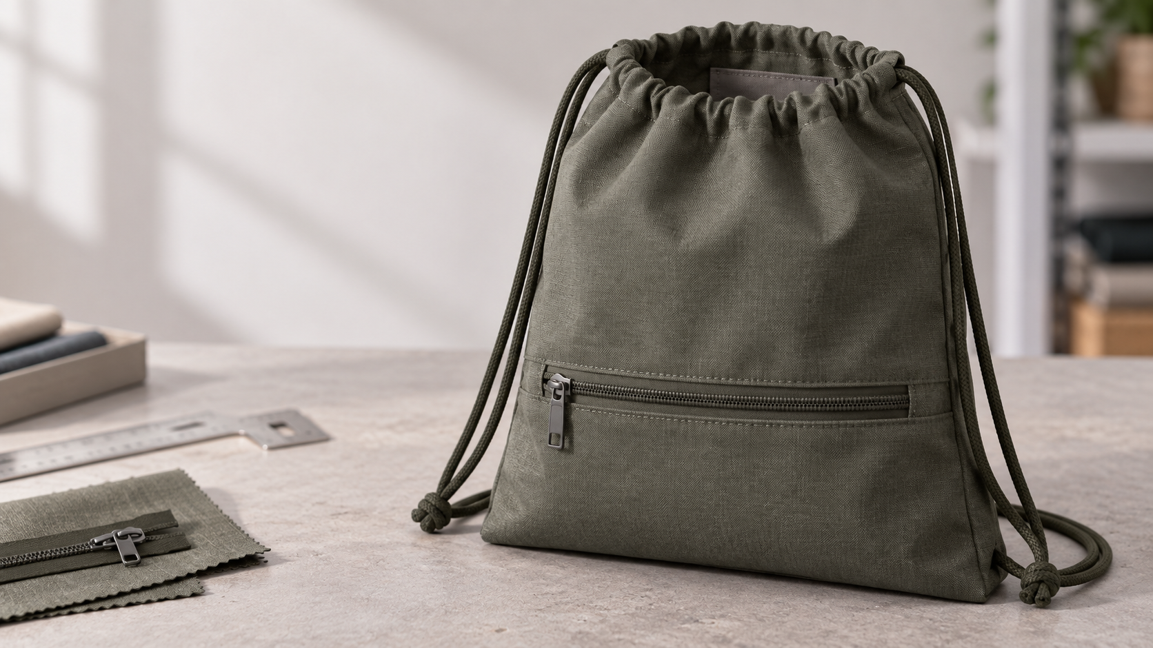 Drawstring bag with zipper and slip pockets