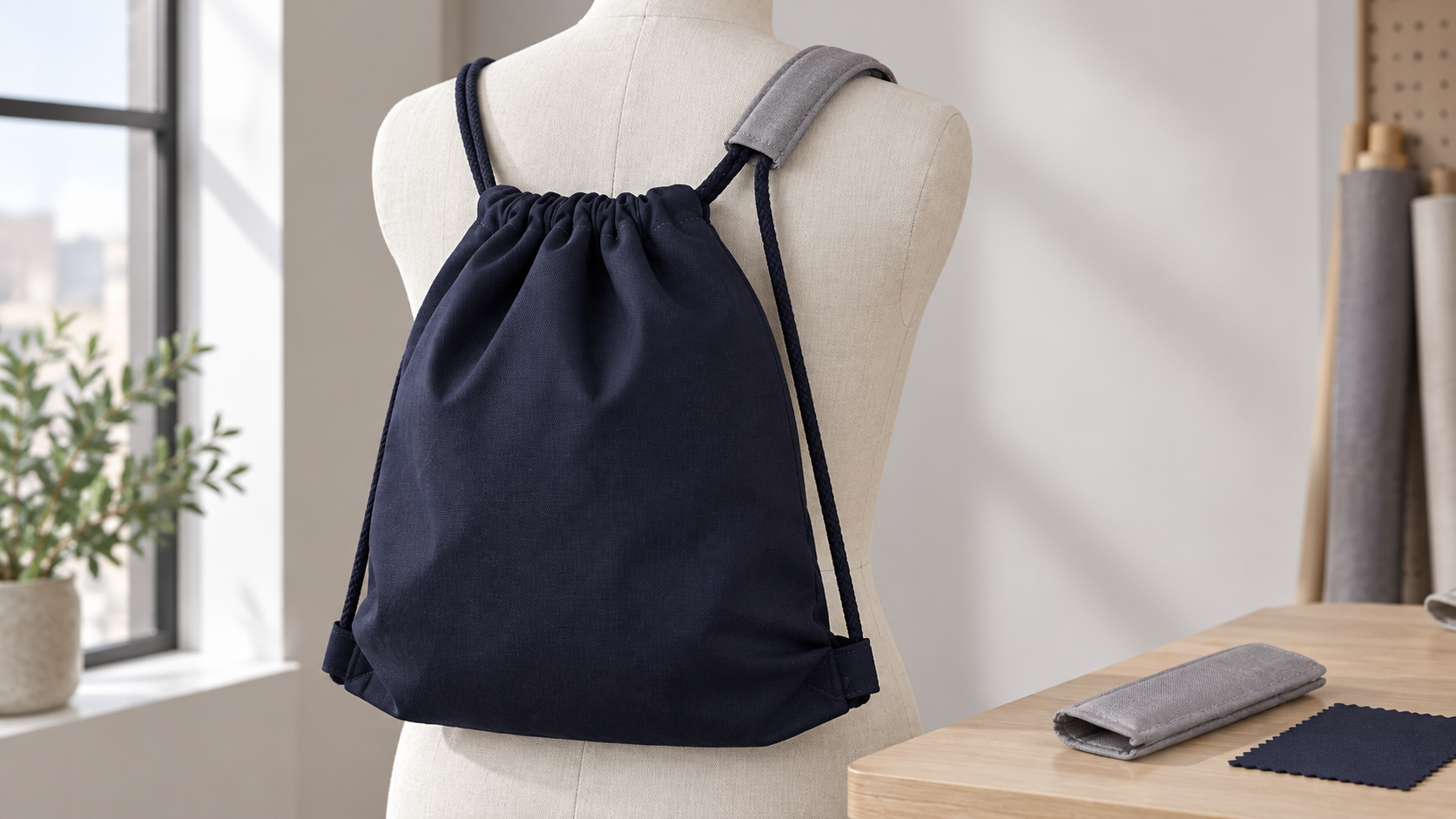 Drawstring bag with padded shoulder sleeves