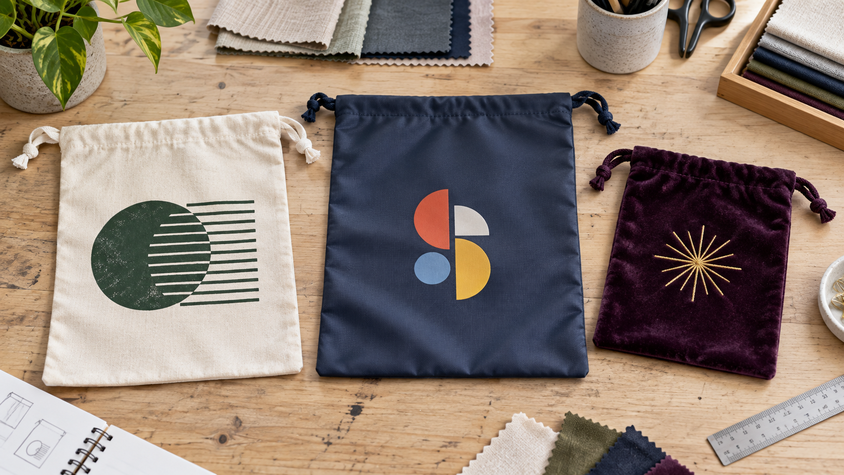 Custom drawstring bags with screen print, transfer and embroidery samples