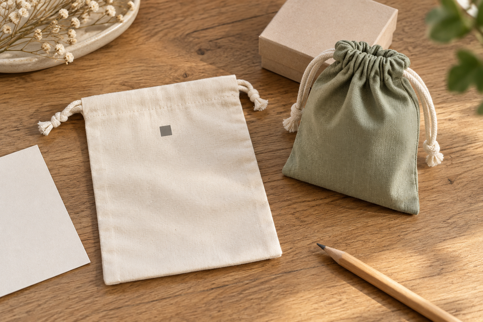 Two small unbranded drawstring pouches, one flat and one filled and cinched, for logo-placement review