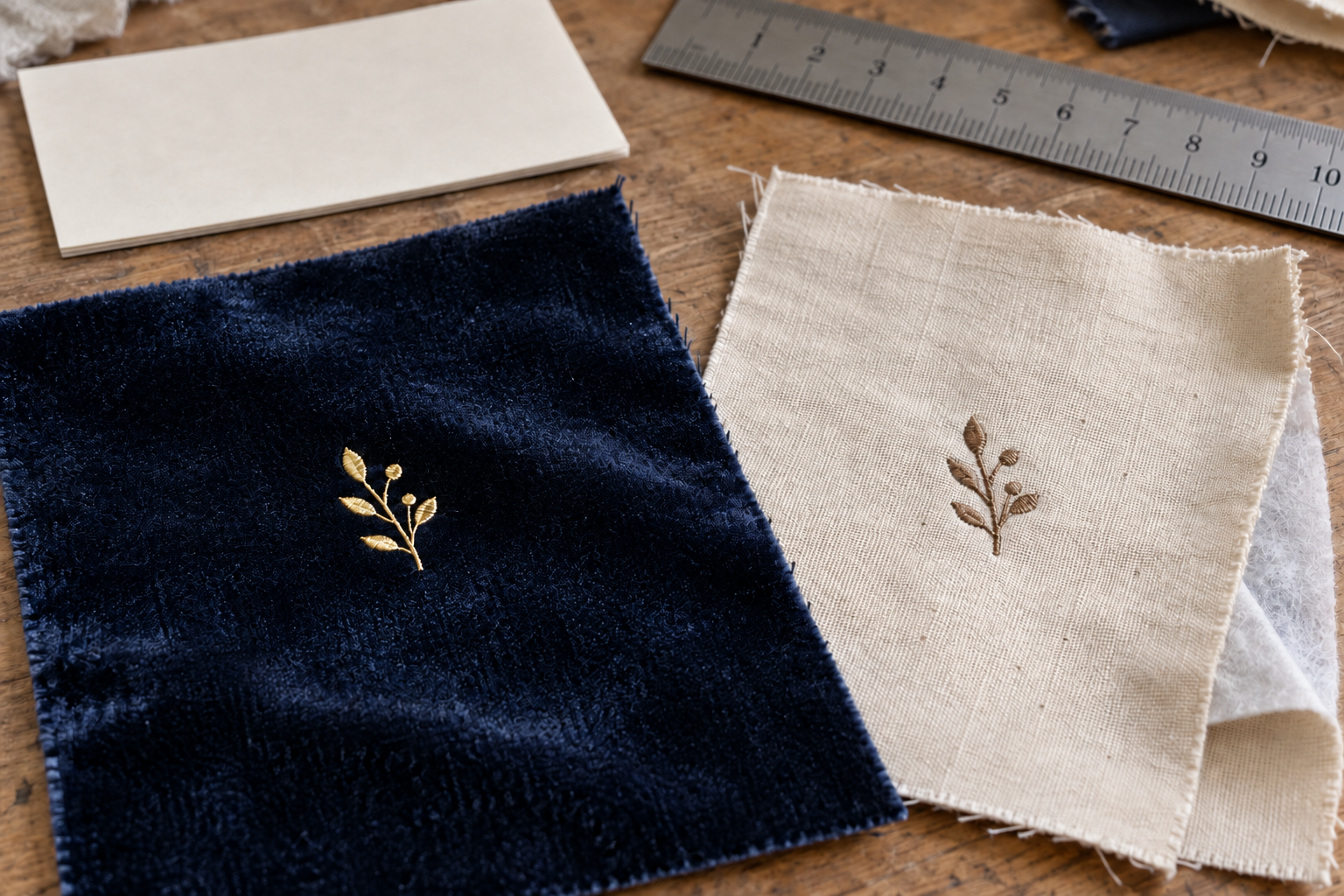 Illustrative comparative swatches for reviewing metallic surface effects, embroidery relief and backing on pouch fabrics