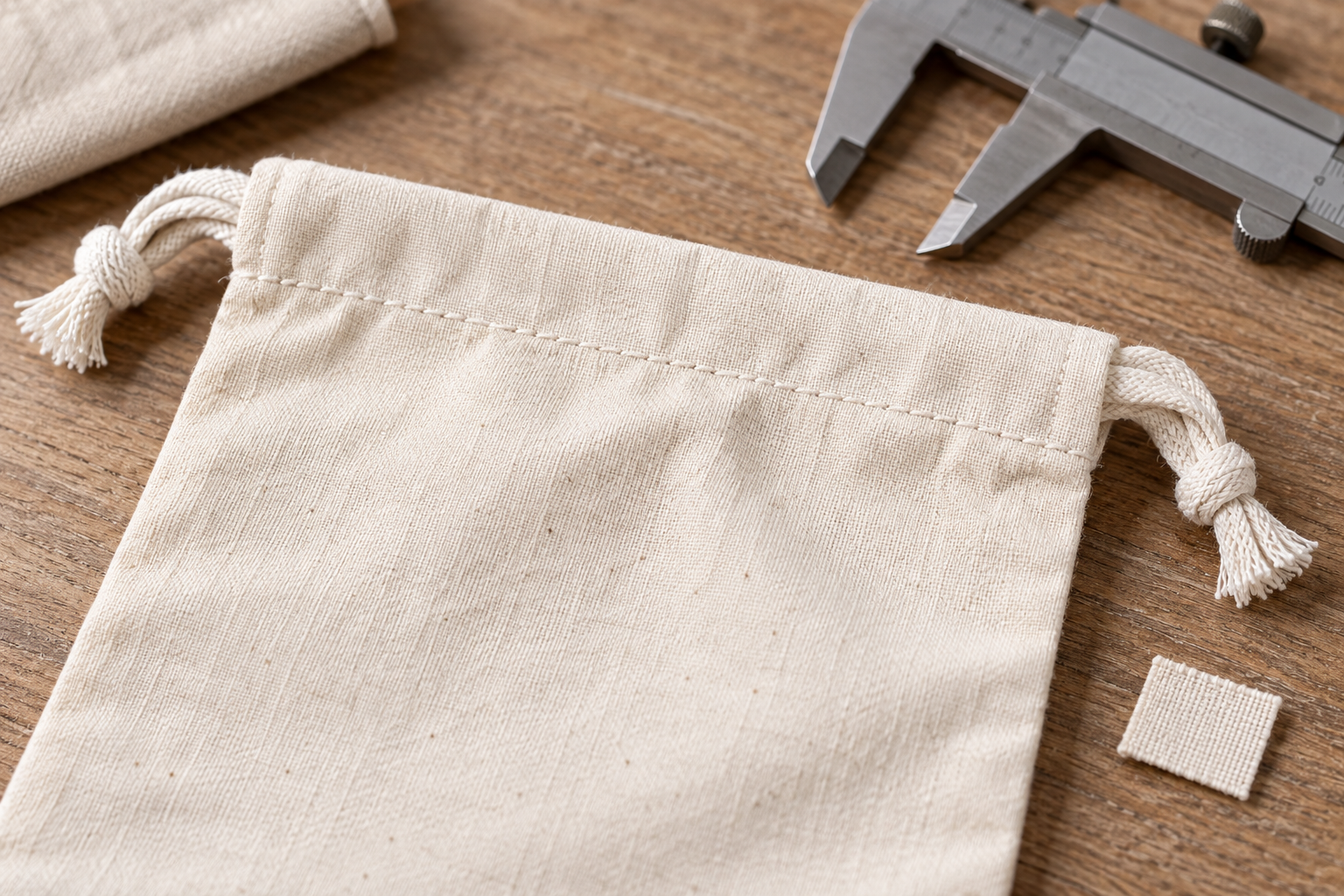 Close view of an unbranded cotton drawstring pouch channel, cord exits and knots for an illustrative inspection discussion