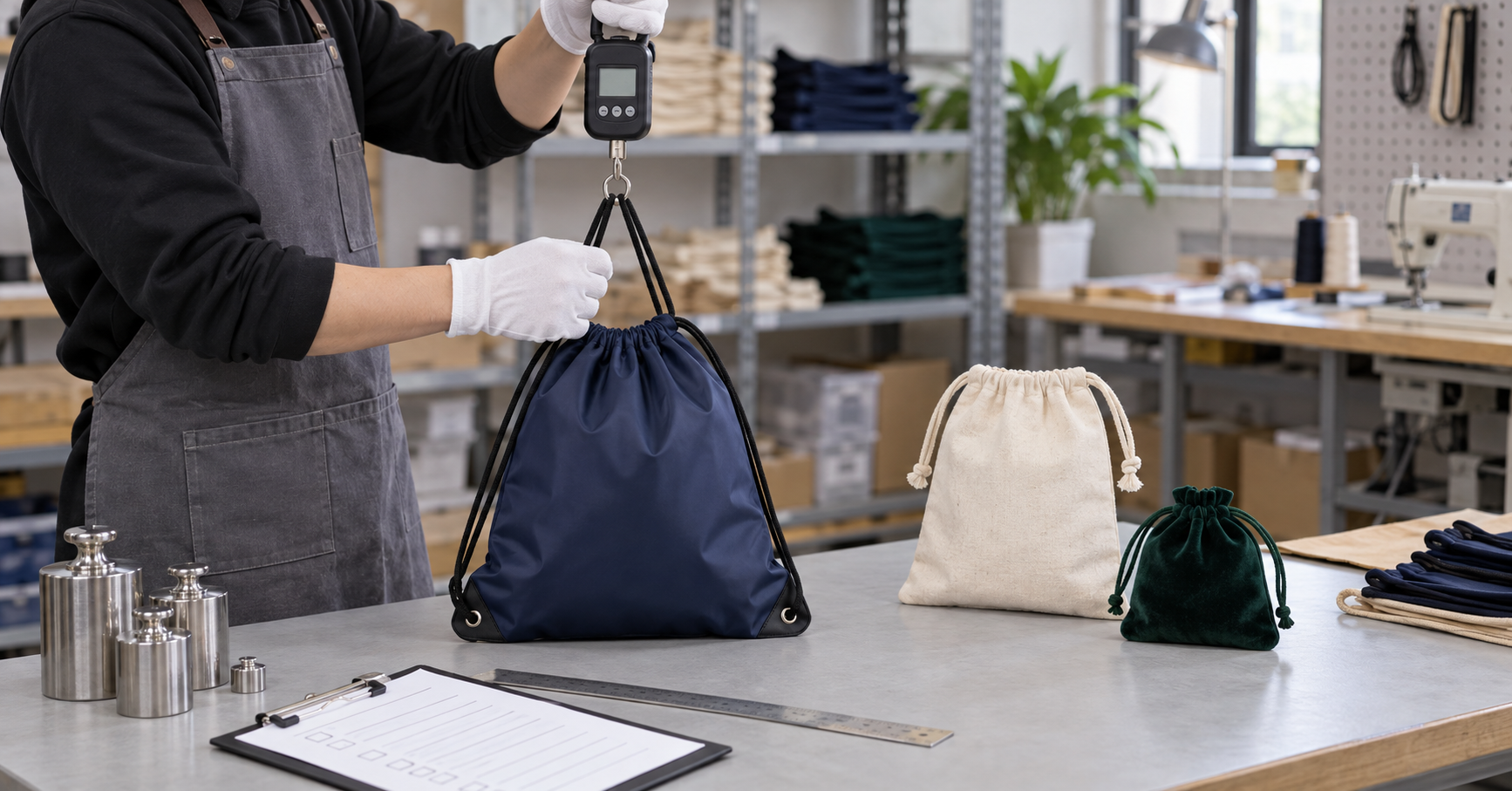 Realistic editorial scene of unbranded polyester, cotton and velvet drawstring bags during a loaded pull review