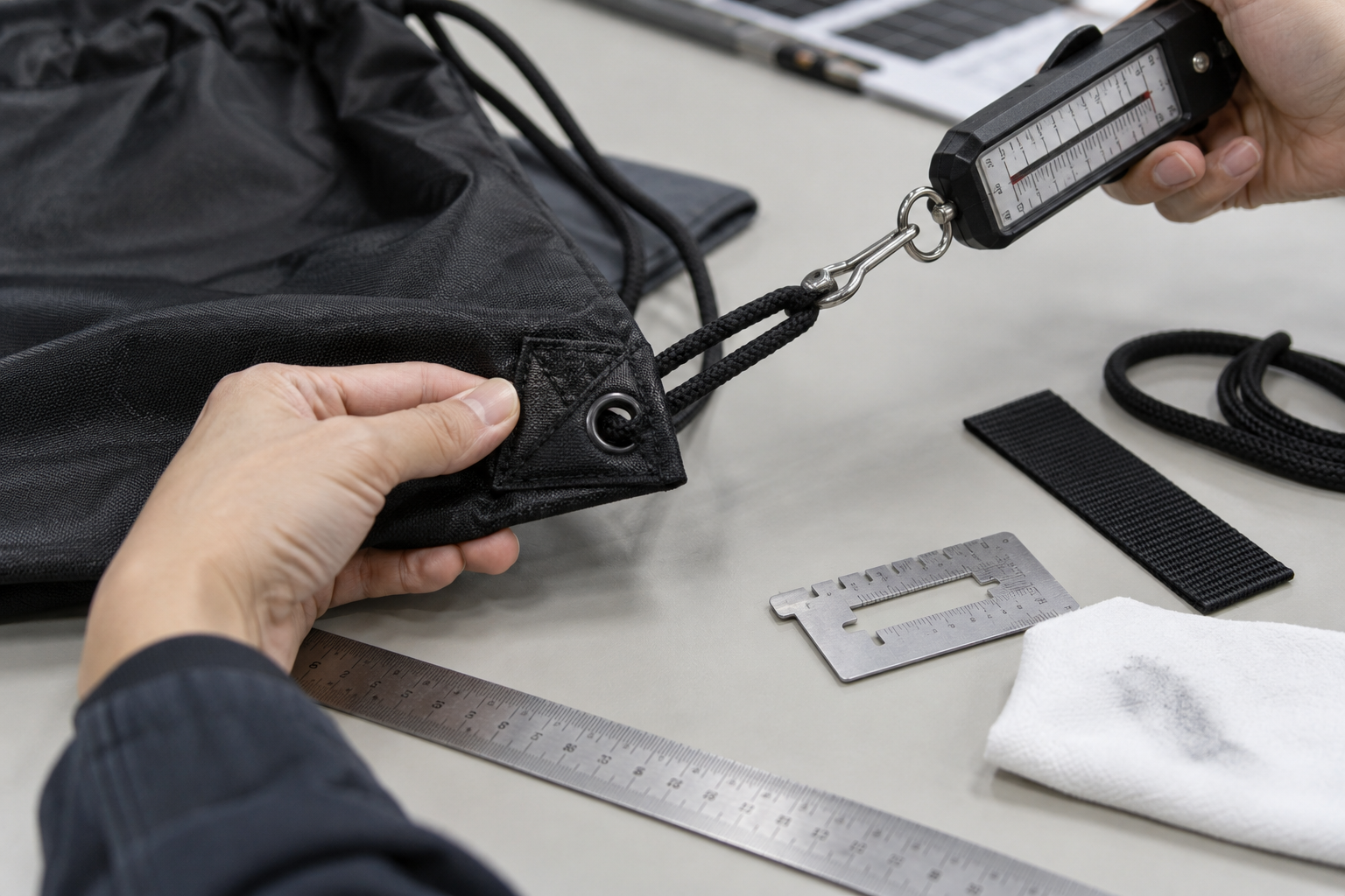 Close-up editorial visualization of a drawcord anchor pull check with seam gauge, ruler and rubbing cloth