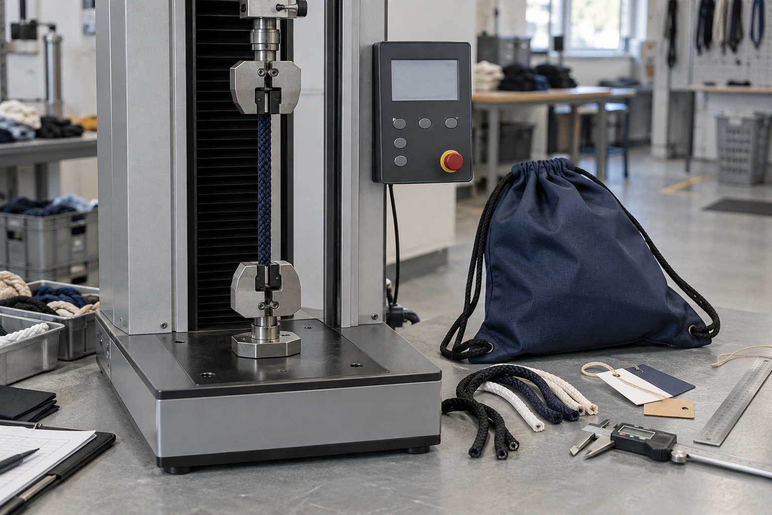 Unbranded drawstring cord specimen in a tensile tester beside a drawstring bag