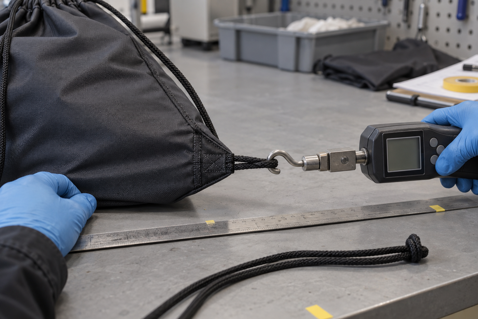 Close-up editorial visualization of a reinforced drawstring bag corner under a controlled pull