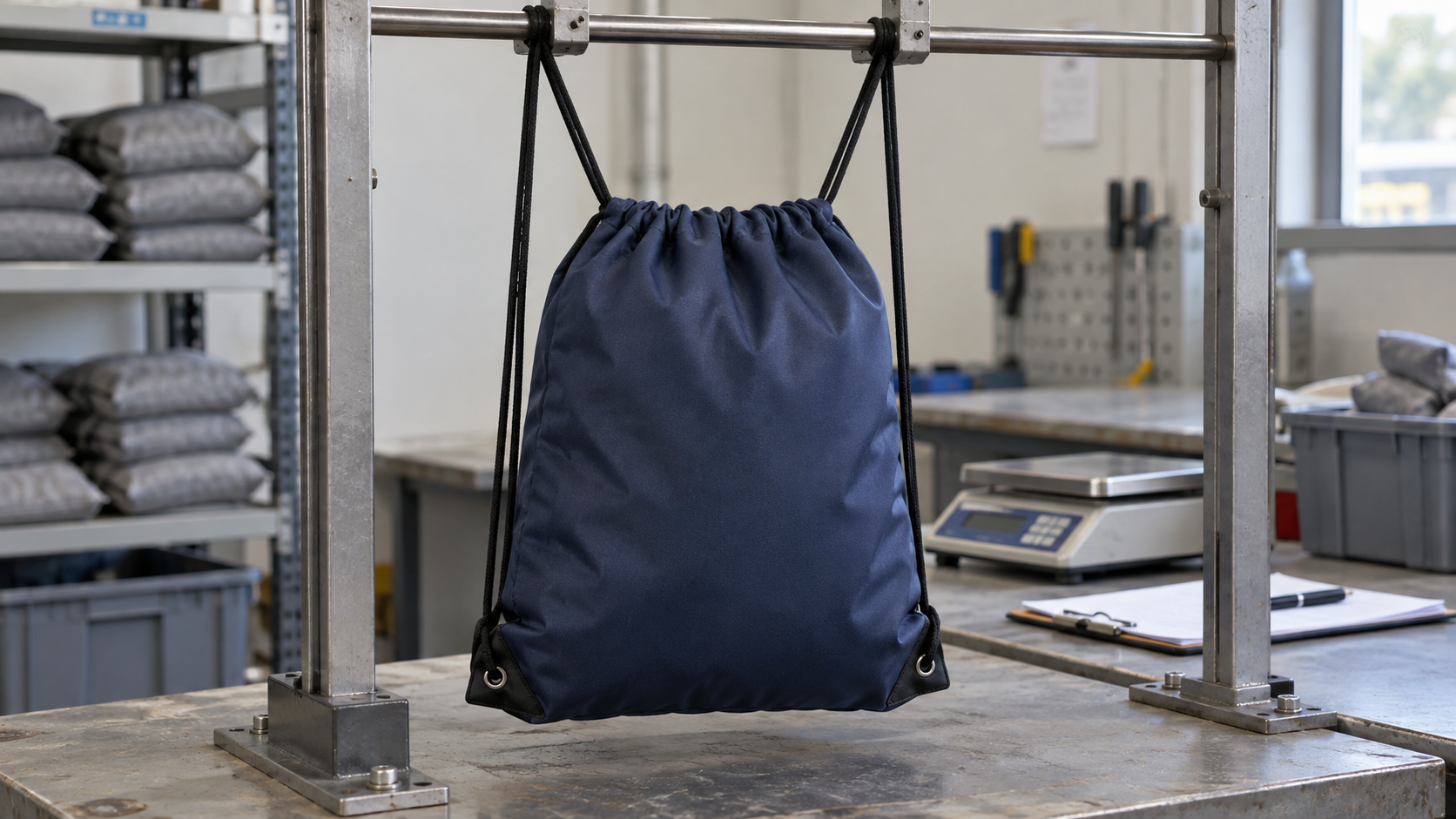 A drawstring bag suspended for a full-bag load capacity test