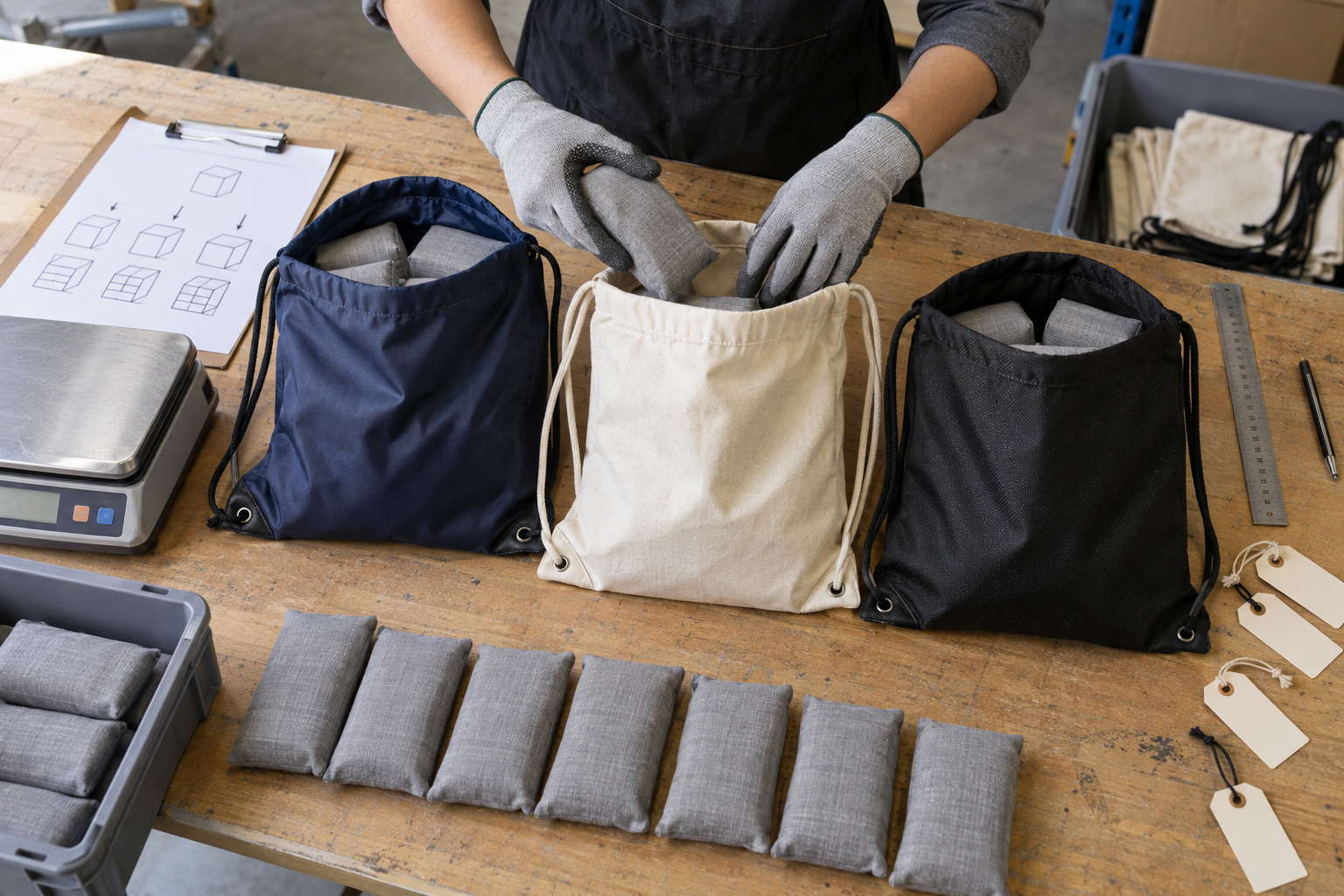 Standardized fill preparation for drawstring bag load testing