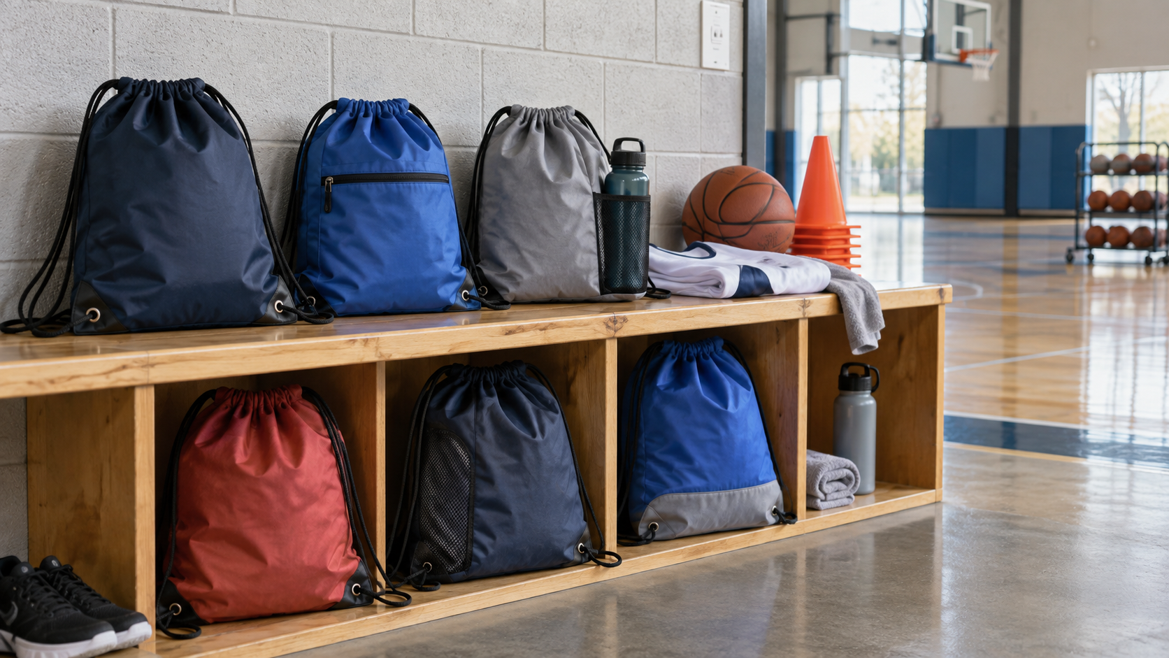 Coordinated sports team drawstring bags in a gym