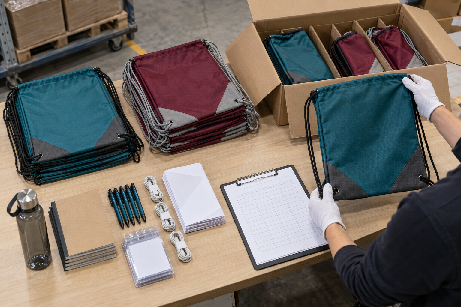 Trade show drawstring bag kit packing and quality check