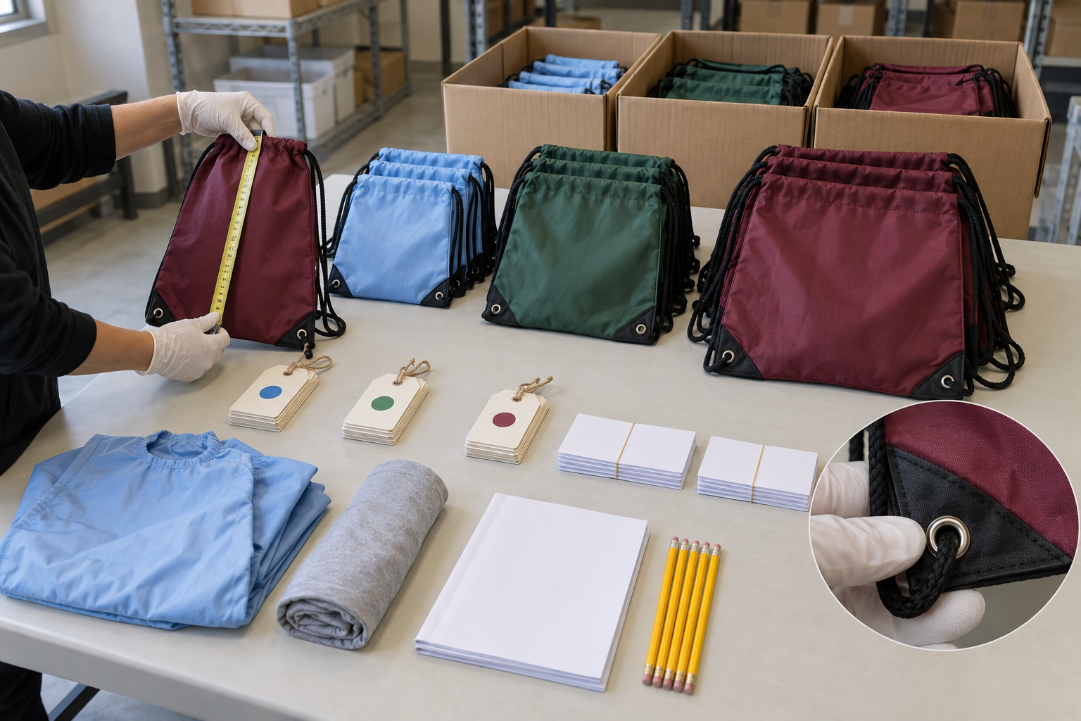 School program drawstring bag sizing and distribution quality check