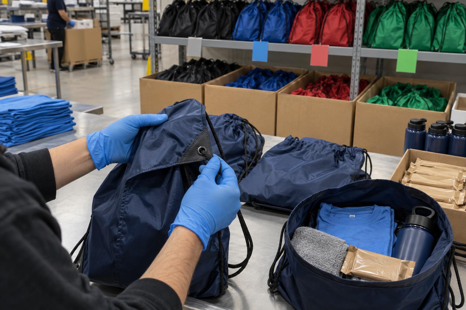 Unbranded race-day drawstring bags sorted by color while a cord anchor is inspected