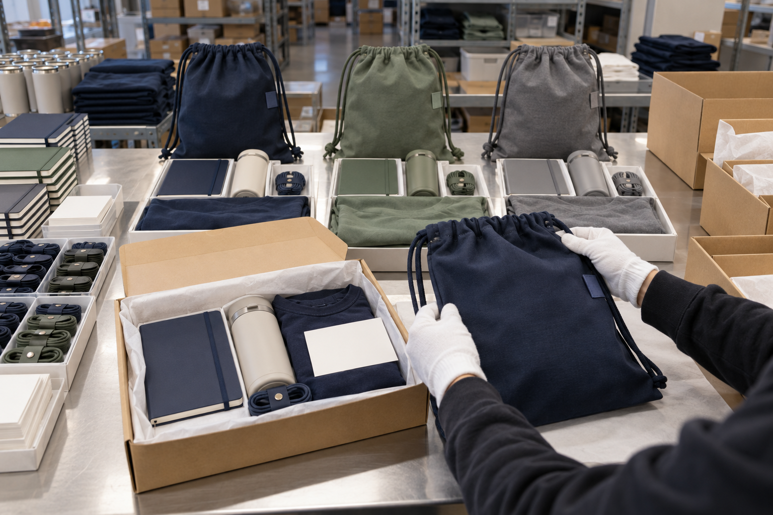 Unbranded corporate gift kits being checked and separated by variant during pack-out