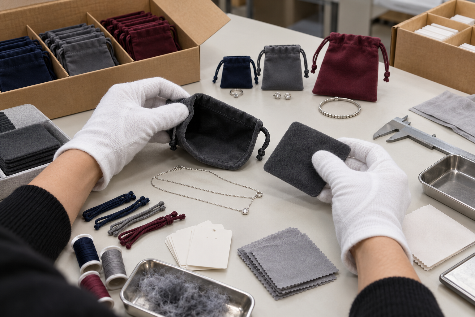 Jewelry pouch lining, size variants, cords and generic jewelry being inspected on a worktable