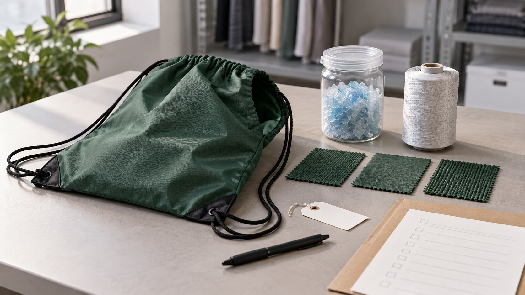 RPET drawstring bag, material samples and traceability documents