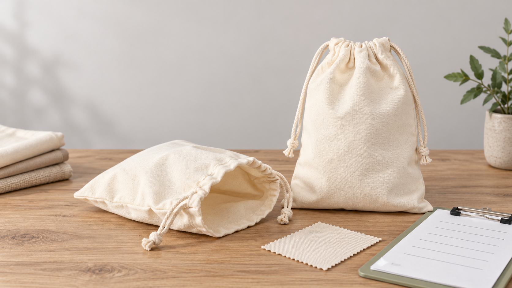 Natural cotton drawstring bags prepared for material and document review