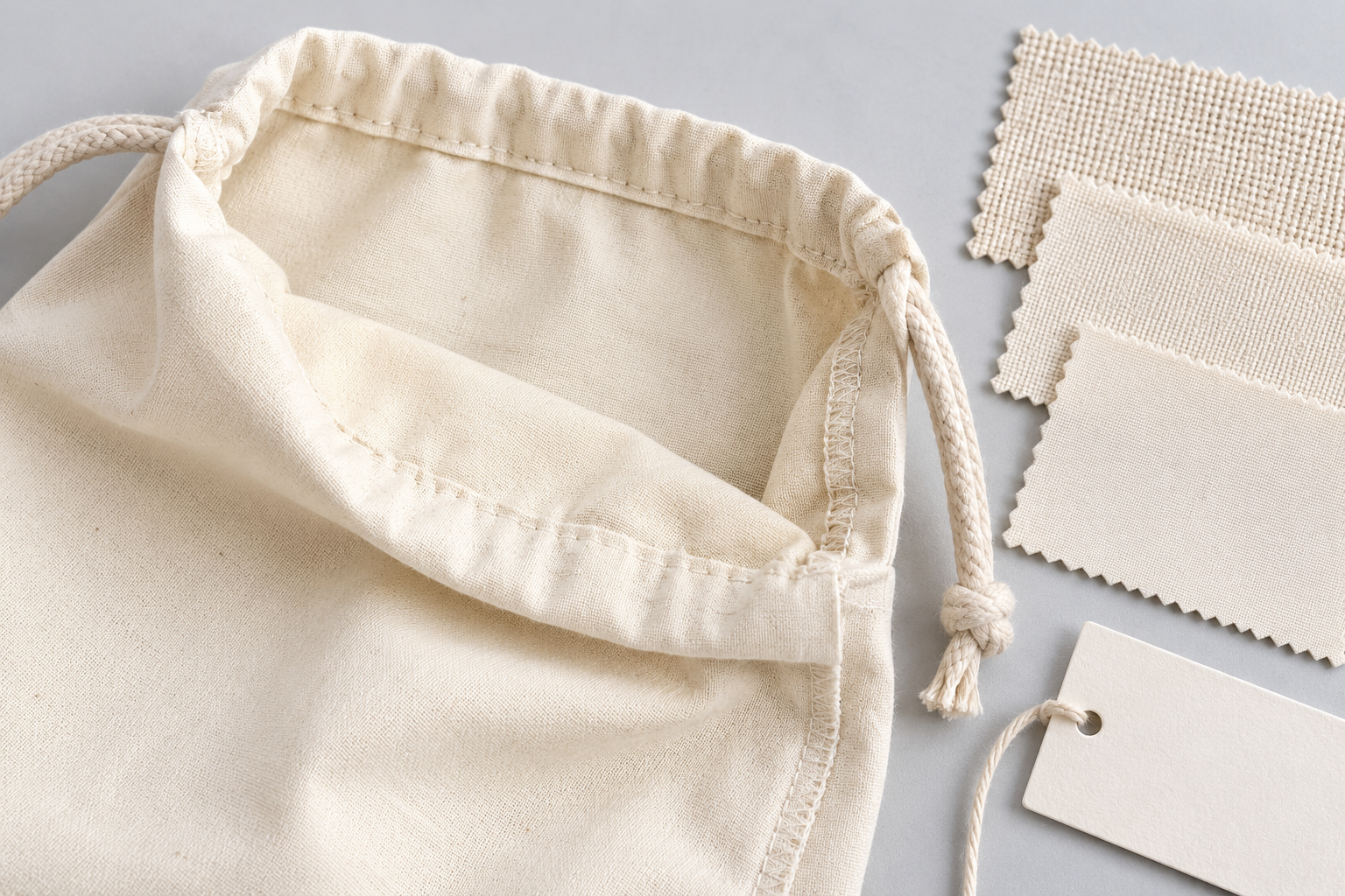 Close-up of natural cotton bag channel, seams, cord and fabric swatches