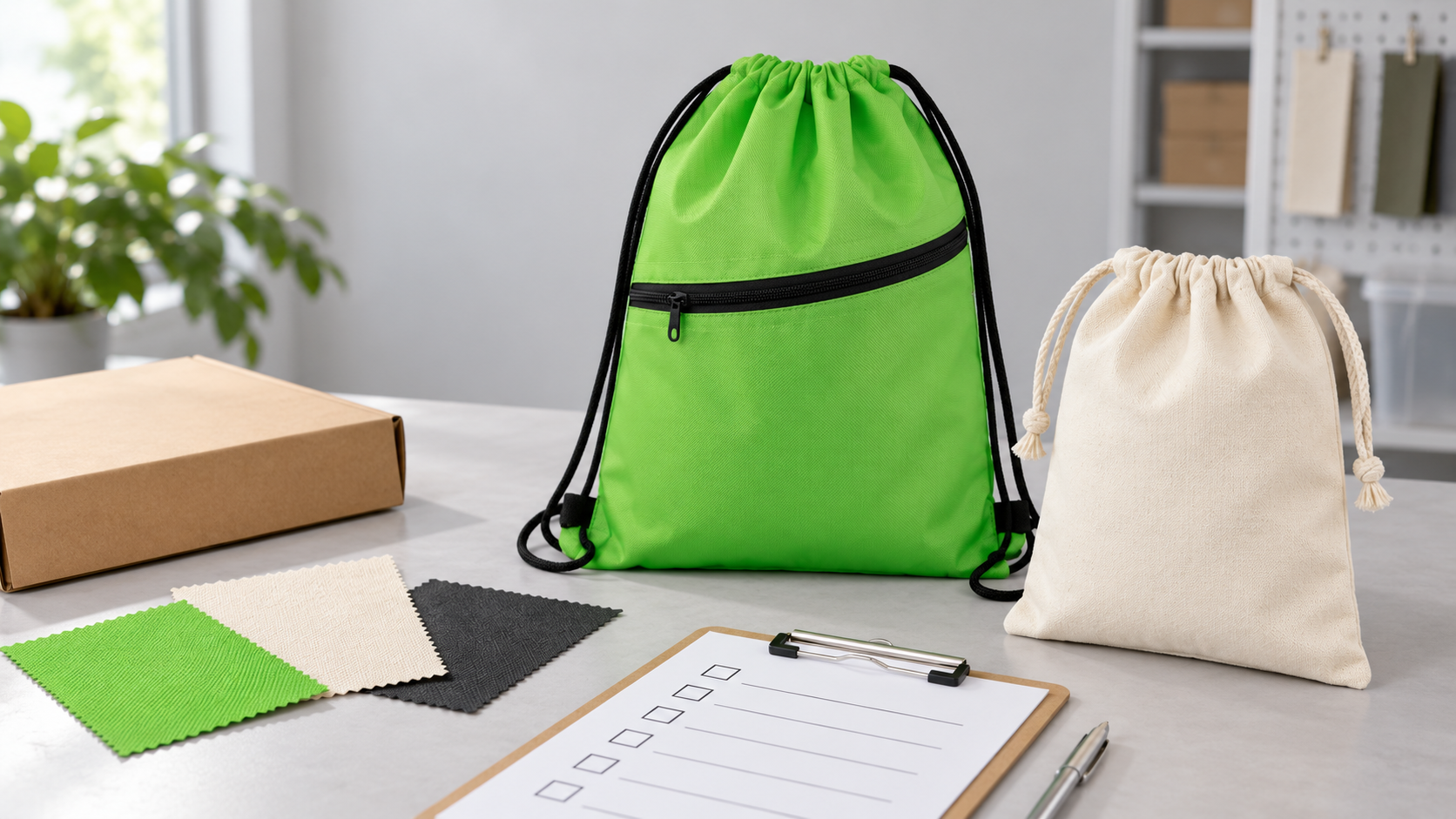 Cotton pouch and polyester drawstring backpack prepared for a component-level sustainability claim review
