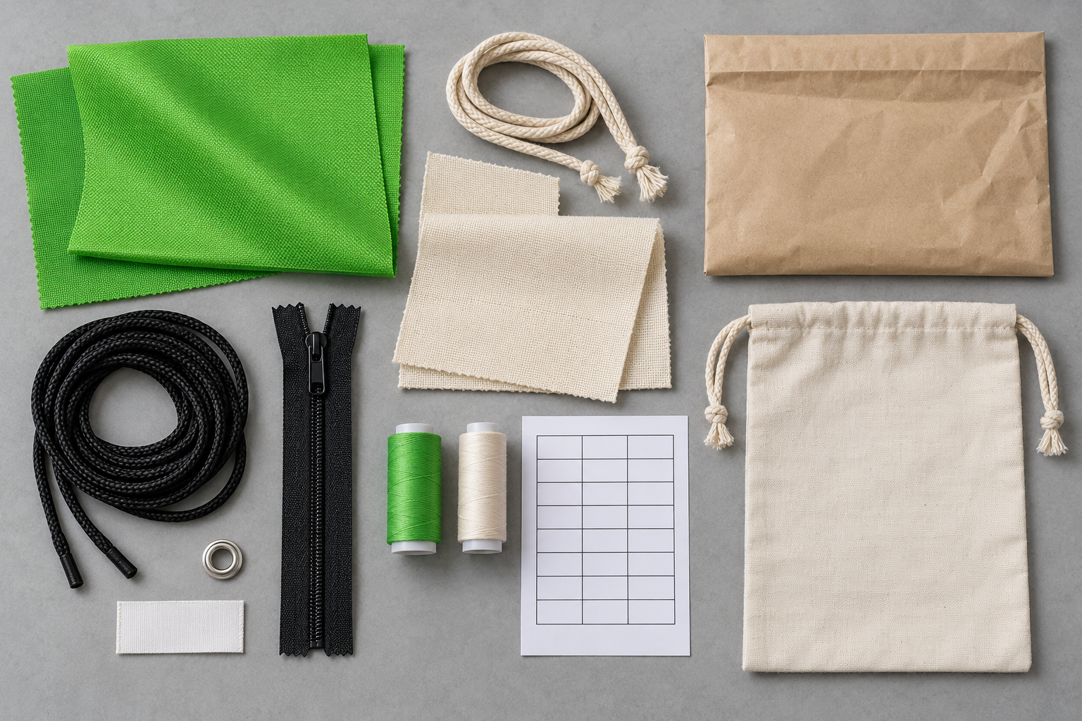 Drawstring bag shell, cords, zipper, thread, eyelet, label and packaging arranged for a claim evidence audit