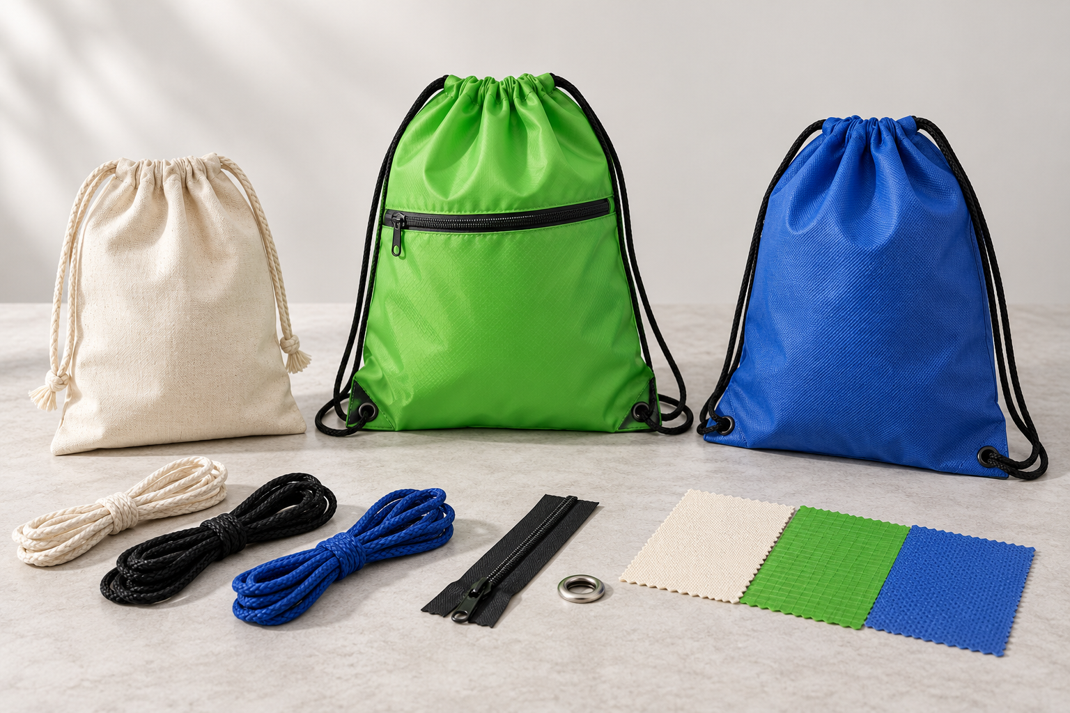 Three unbranded cotton, polyester and non-woven drawstring bags arranged with cords, zipper, eyelet and material swatches for recyclability review