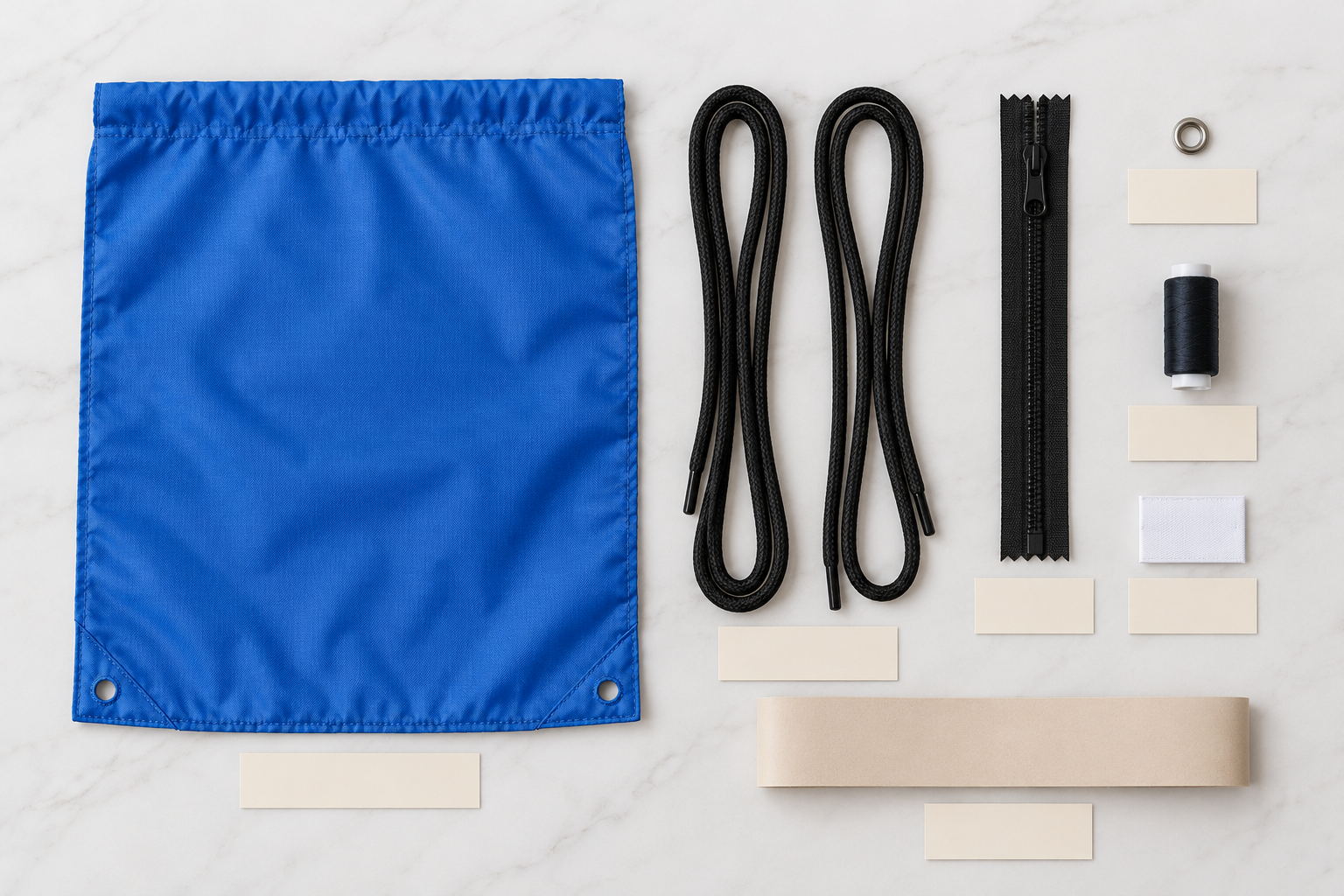 Disassembled blue drawstring bag showing shell, cords, zipper, eyelet, thread, label and paper band as separate end-of-life components