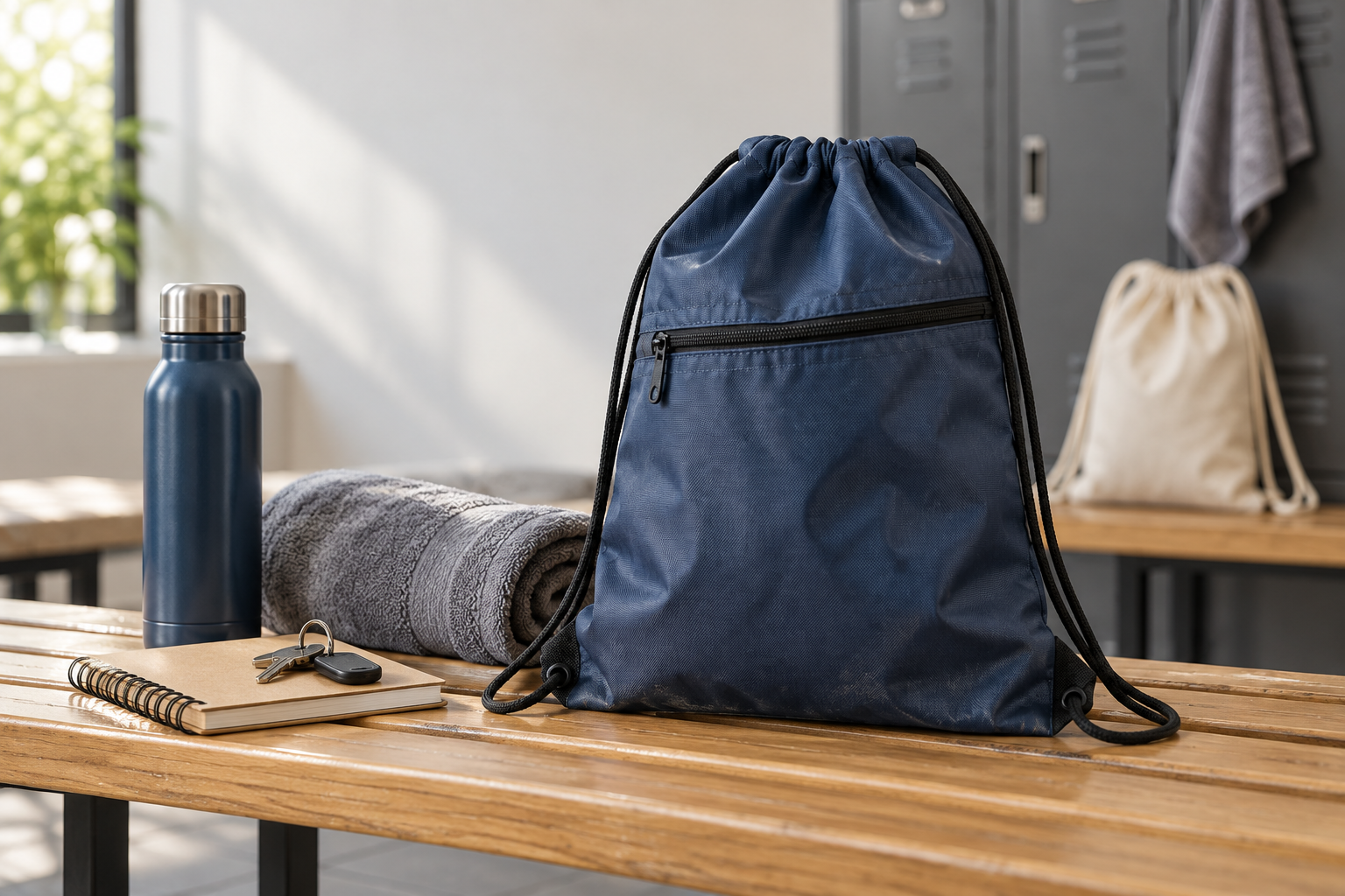 Unbranded navy drawstring bag in a locker-room setting with everyday items, showing realistic signs of continued use