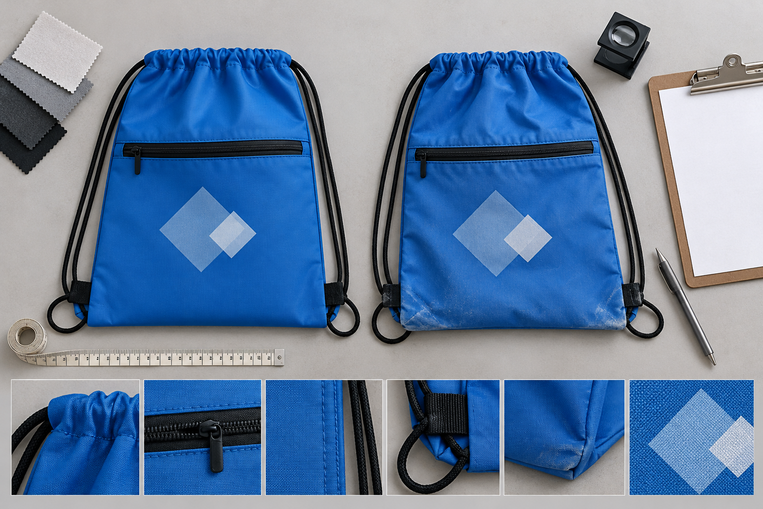 Two unbranded blue drawstring bags arranged as new and gently used references with visible cord channels, seams, anchors and base wear zones