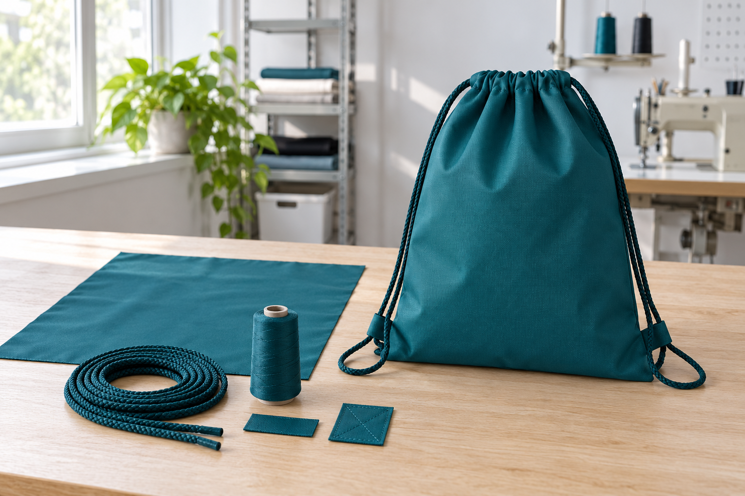 Unbranded teal polyester drawstring bag with matching fabric, cord, thread, label and reinforcement components on a sample-room workbench