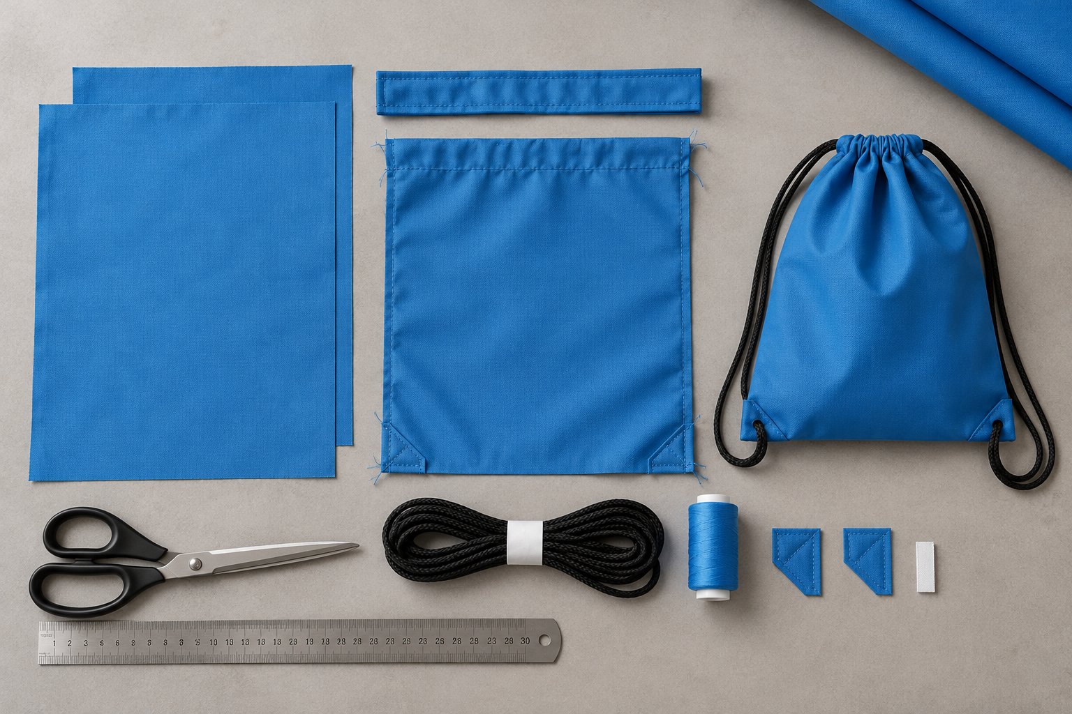 Unbranded blue polyester drawstring pouch shown with separate body panels, channel strip, cord, thread, reinforcement and label components
