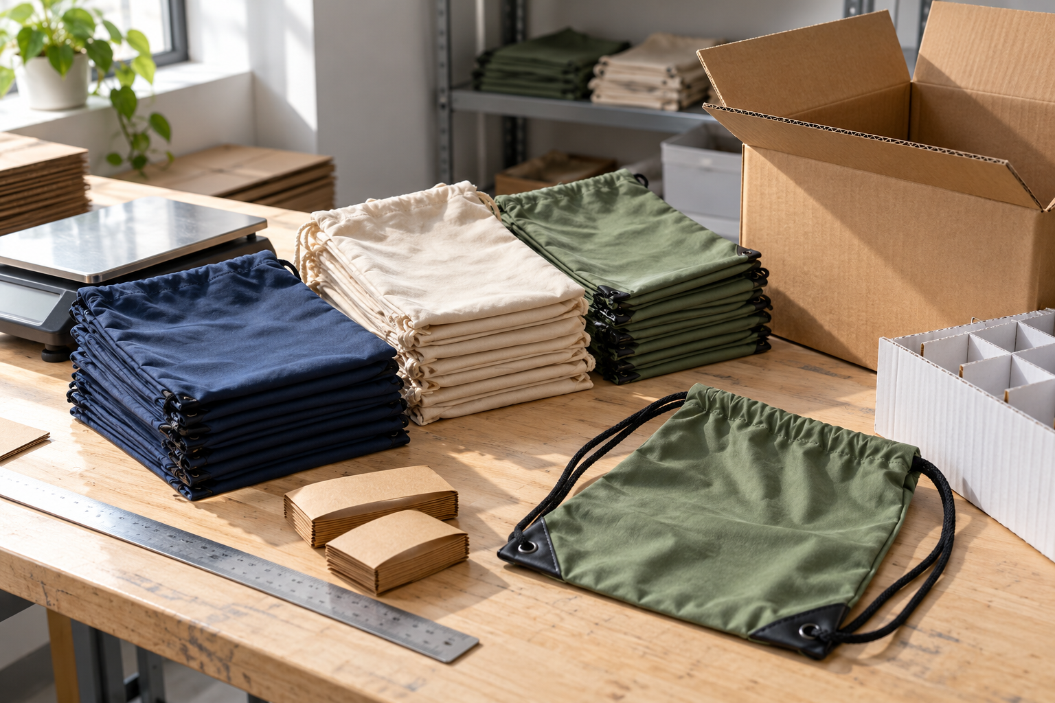 Folded unbranded drawstring bags beside an open export carton at a sample-room packing bench