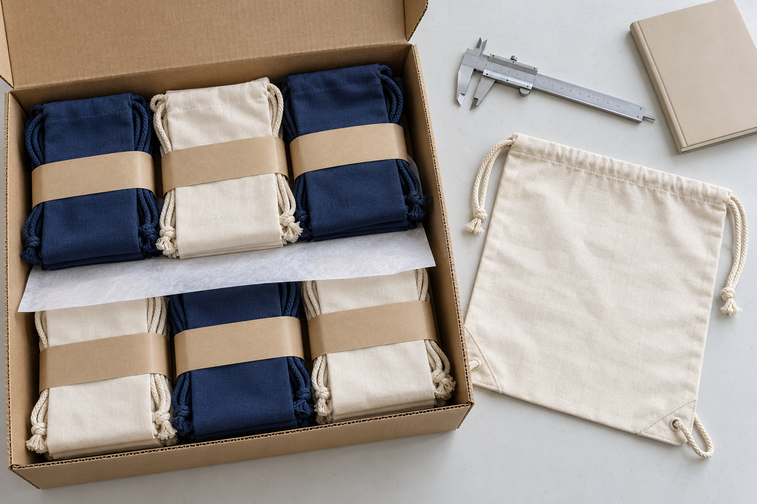 Overhead pack-out trial with cords contained, local interleaf and folded drawstring bags arranged inside a corrugated carton