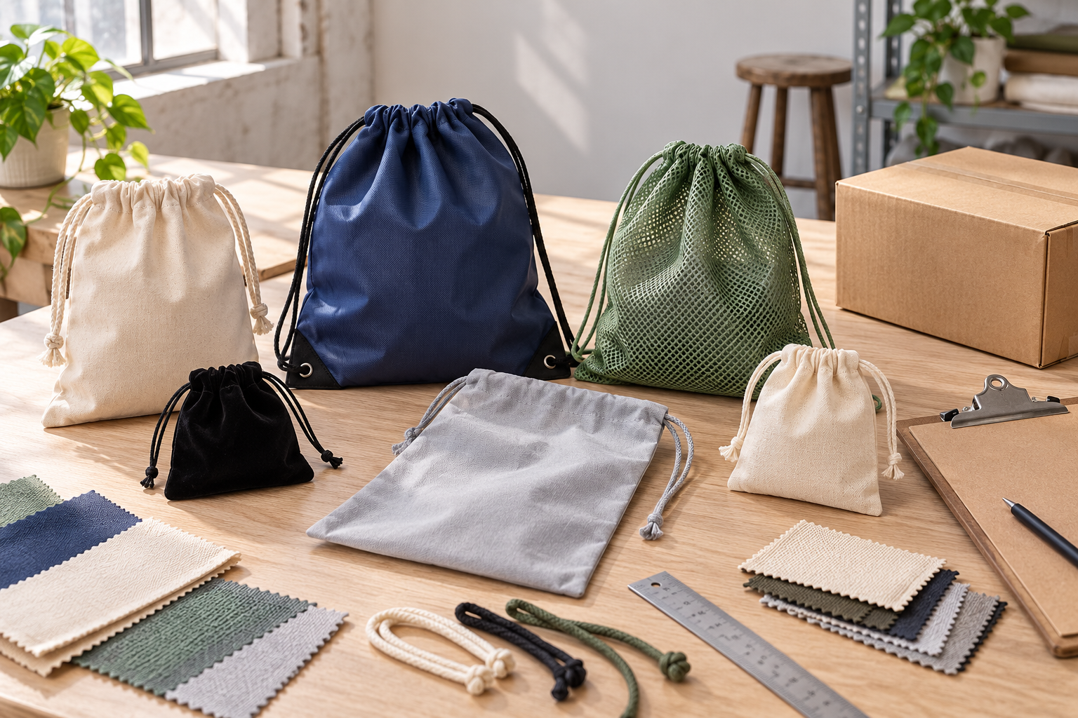 Unbranded cotton, polyester, mesh, velvet and canvas drawstring bag samples arranged for a global supplier review