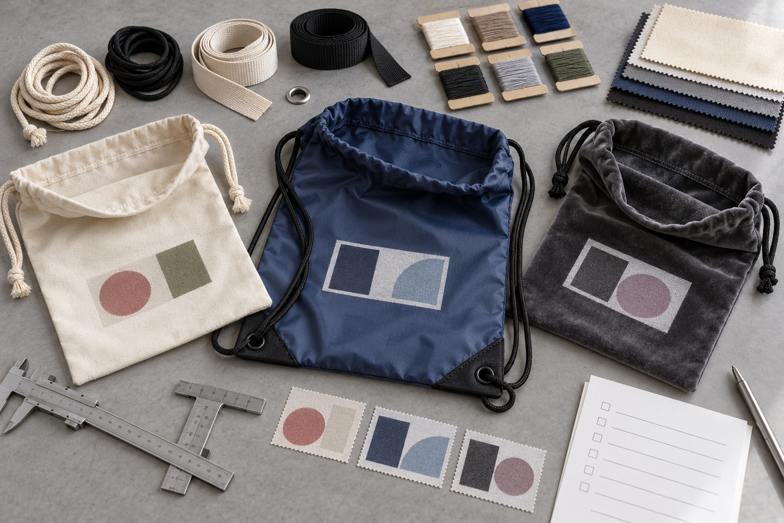 Cotton, polyester and velvet drawstring bag samples reviewed with cord, eyelet, thread and print-test components