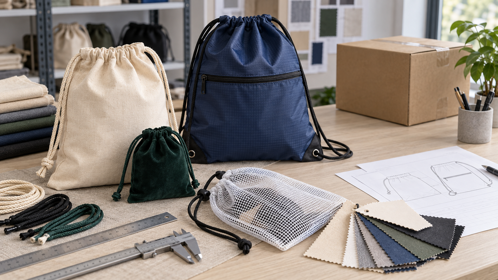 Unbranded cotton, polyester, velvet and mesh drawstring bag samples arranged on a China sourcing review table