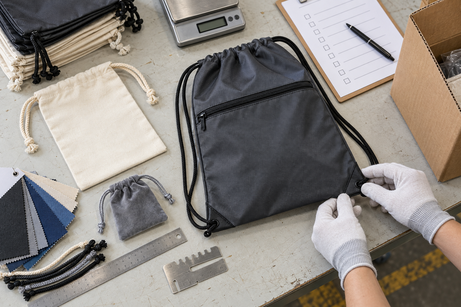 Unbranded drawstring bags undergoing cord-anchor, dimension and packing checks before shipment
