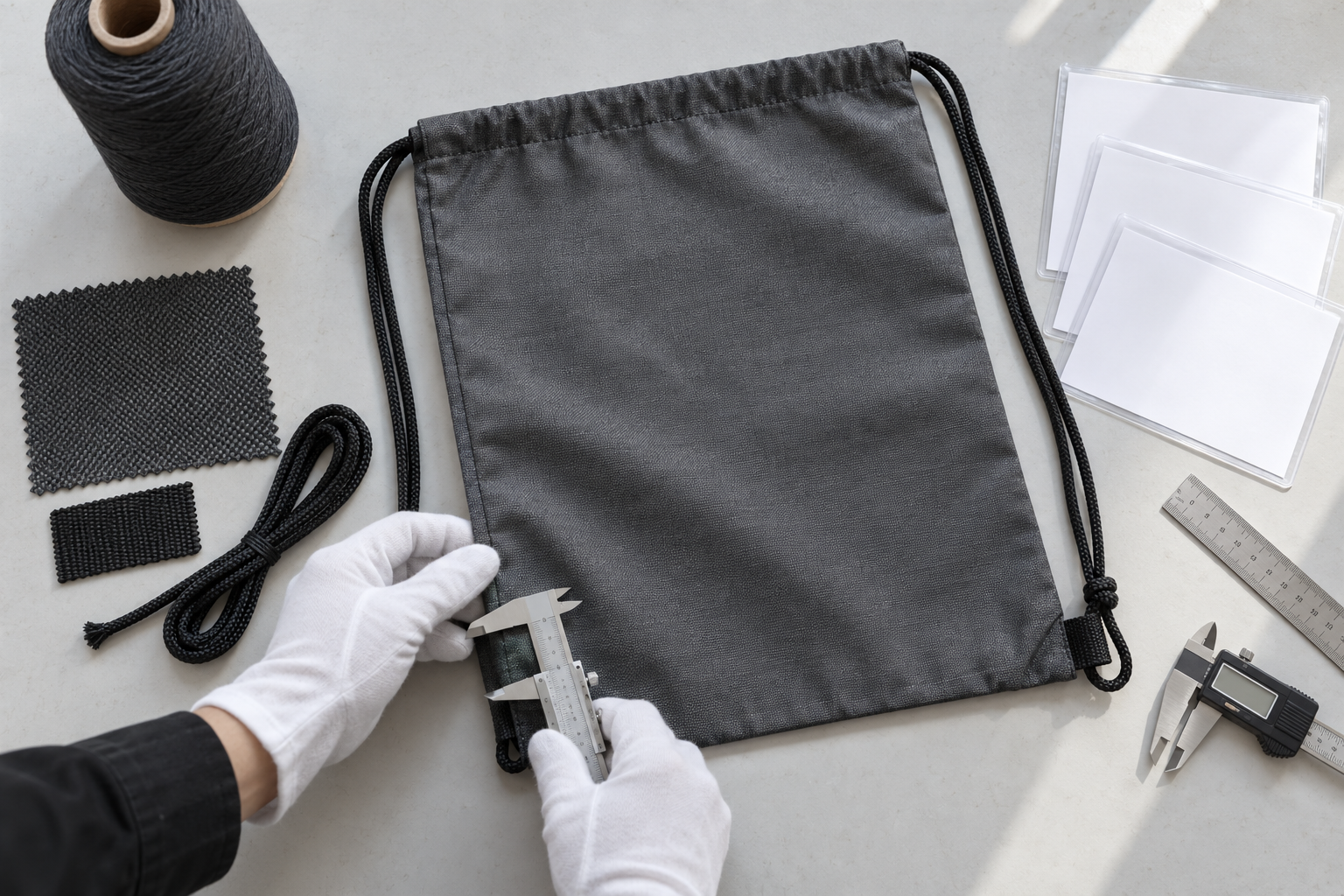 Quality review of an unbranded RPET drawstring bag, fabric, cord and order-evidence packet