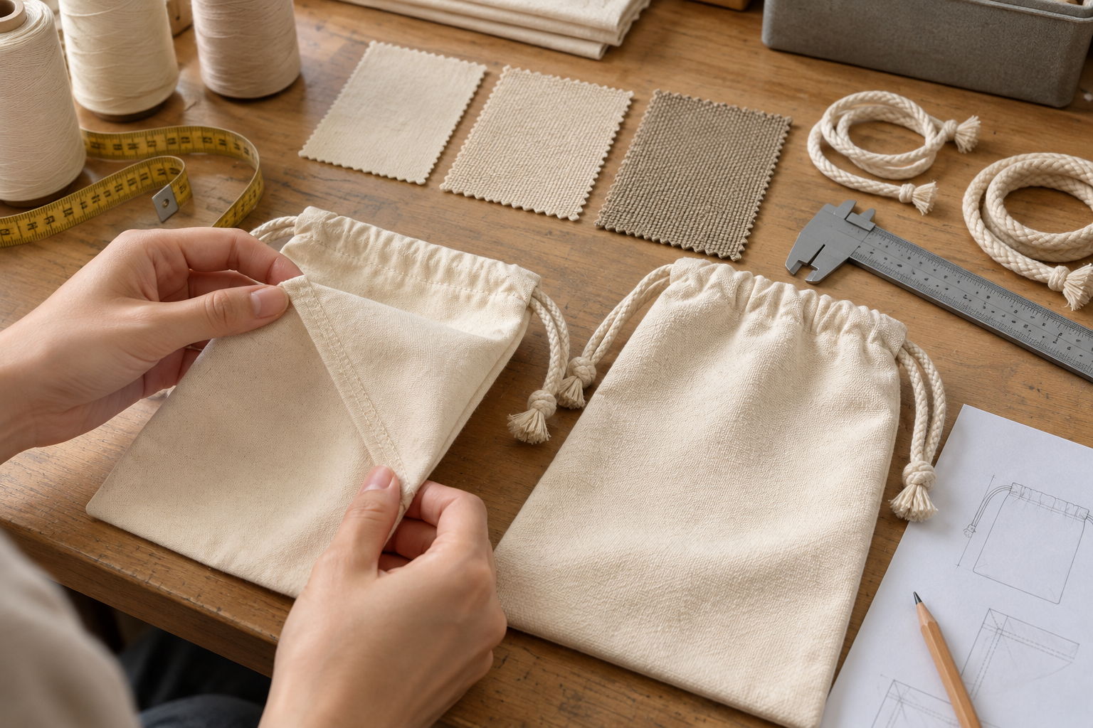 Cotton drawstring bag sample review showing seam construction, fabric weights, cotton cords and measurement tools