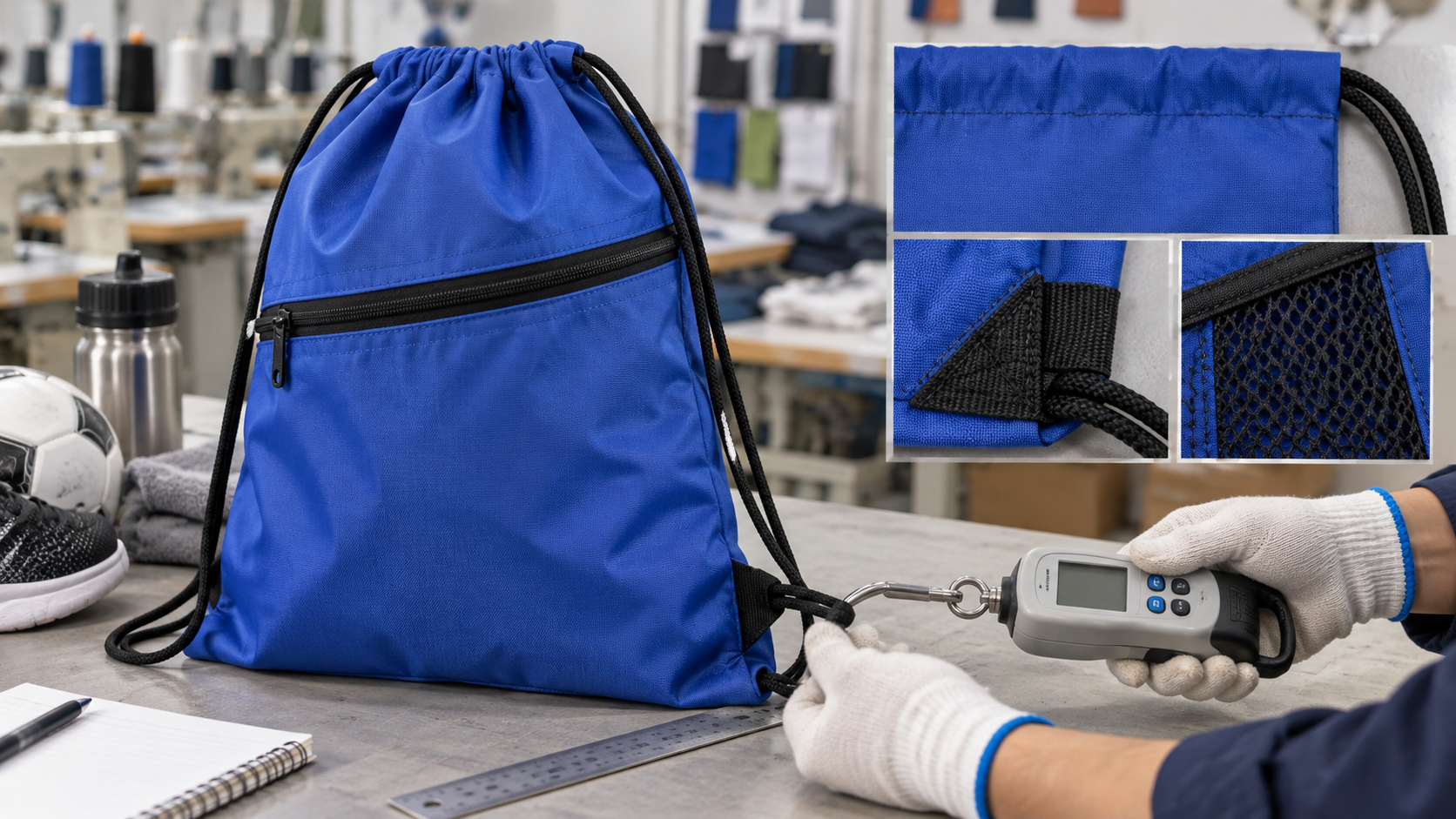 Sports drawstring bag cord anchor and construction undergoing a realistic sample-room load review